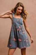 BiBi Flower Printed Wide Strap Denim Overalls - Hovatok