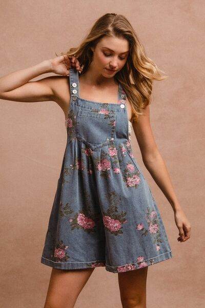 BiBi Flower Printed Wide Strap Denim Overalls - Hovatok