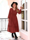 Plus Size Quarter Button V-Neck Long Sleeve Dress - Hovatok