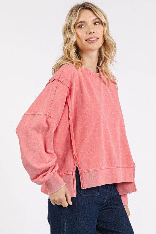 Mittoshop Side Slit Exposed Seam Round Neck Sweatshirt - Hovatok