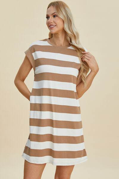 Basic Bae Full Size Striped Round Neck Cap Sleeve Mini Dress - Hovatok