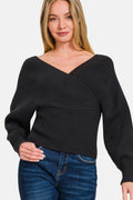 Zenana Cross Wrap Rib Long Sleeve Sweater - Hovatok