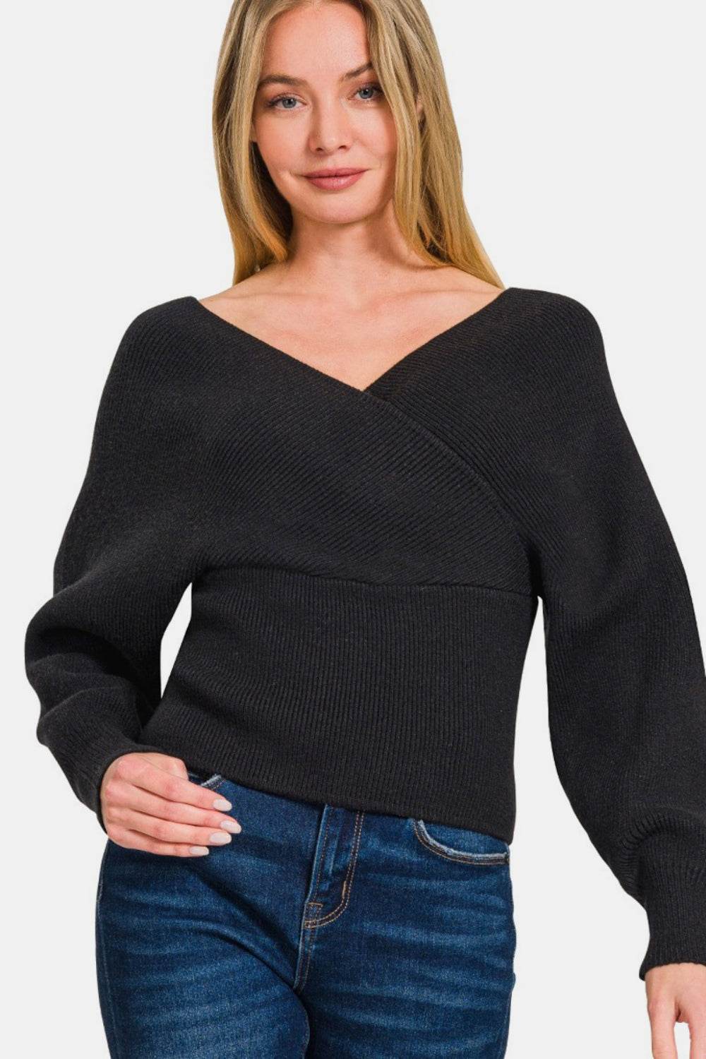 Zenana Cross Wrap Rib Long Sleeve Sweater - Hovatok