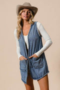 BiBi Braided Trim Open Front Denim Vest with Pockets - Hovatok