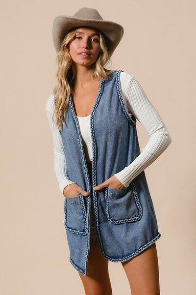 BiBi Braided Trim Open Front Denim Vest with Pockets - Hovatok