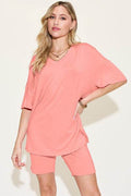 Basic Bae Bamboo Full Size V-Neck Drop Shoulder T-Shirt and Shorts Set - Hovatok