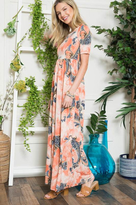Celeste Paisley Print Short Sleeve Maxi Dress with Pockets - Hovatok
