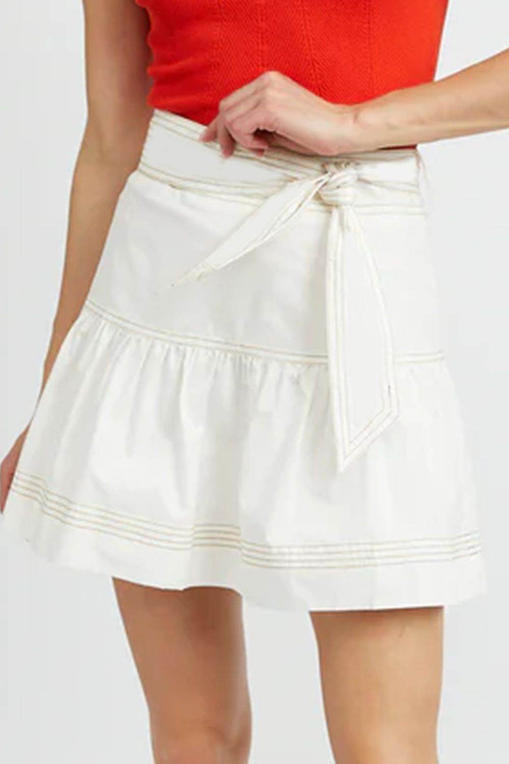 Contrast Stitching Trim Knotted High Waist A-Line Mini Skirt - Hovatok