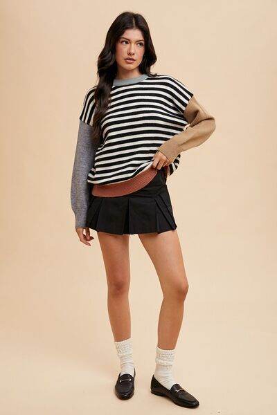 Annie Wear Striped Color Block Round Neck Sweater - Hovatok