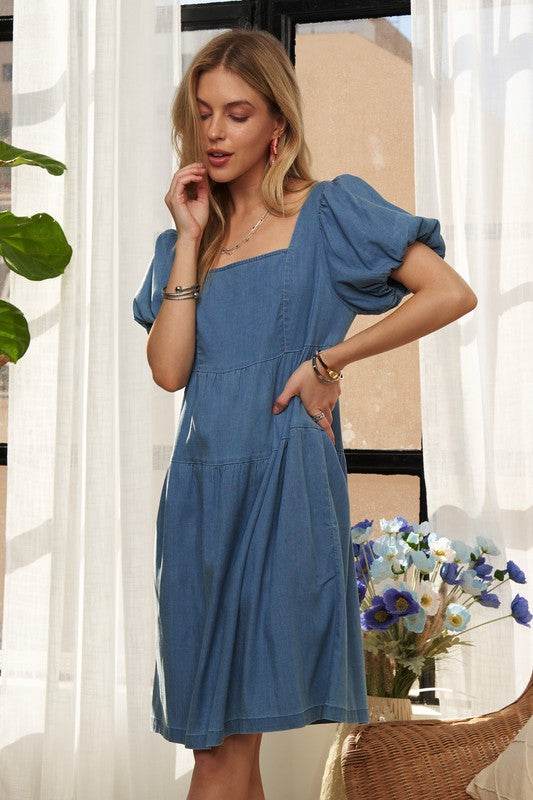 ADORA Square Neck Puff Sleeve Denim Dress - Hovatok