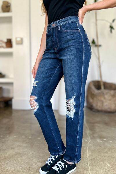Judy Blue Full Size High Waist Rigid Magic Heavy Destroy Straight Jeans - Hovatok