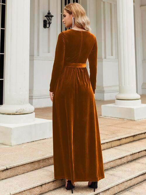 Tie Front Round Neck Long Sleeve Maxi Dress - Hovatok