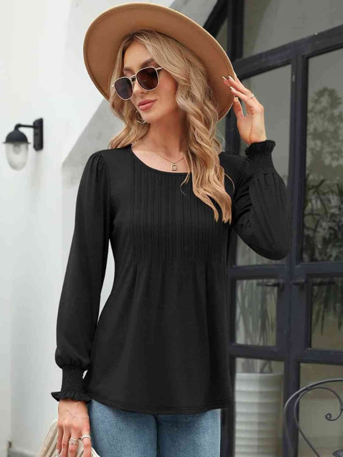 Smocked Round Neck Lantern Sleeve Blouse - Hovatok
