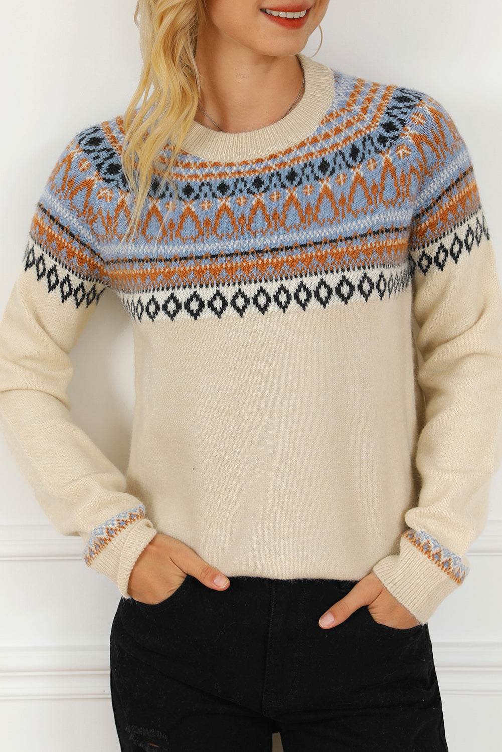 Geometric Round Neck Long Sleeve Sweater - Hovatok
