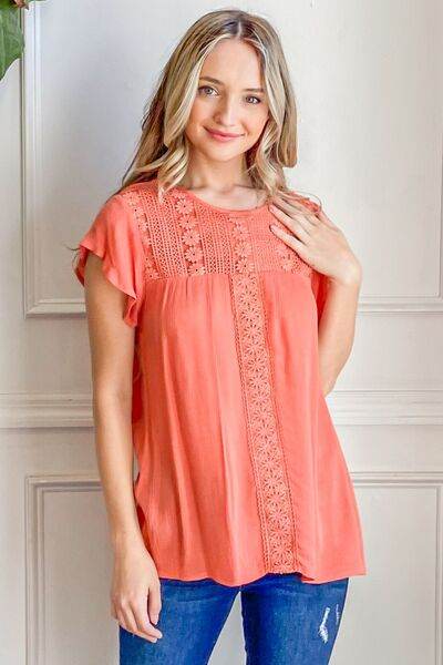 And The Why Lace Detail Ruffle Short Sleeve Blouse - Hovatok