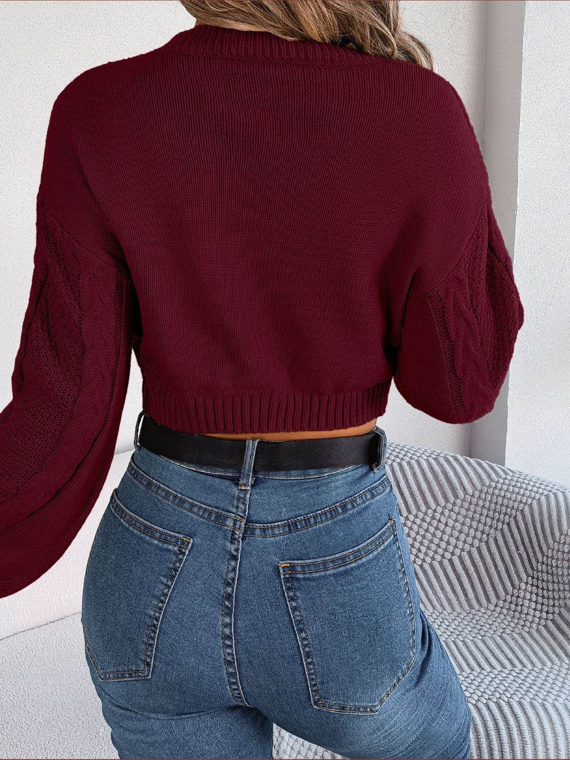 Cable-Knit Round Neck Cropped Sweater - Hovatok