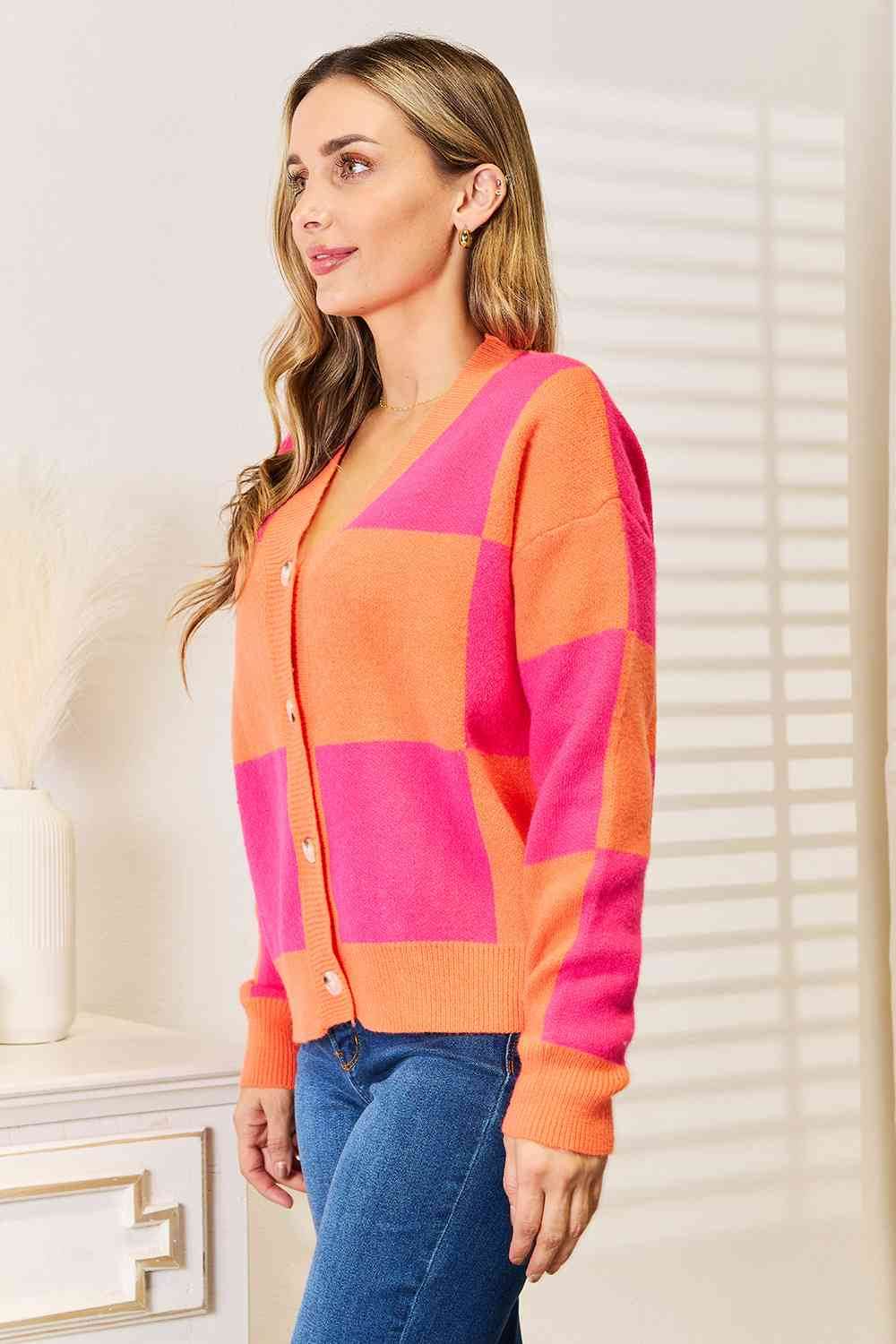 Angel Wings Woven Right Checkered V-Neck Dropped Shoulder Cardigan - Hovatok
