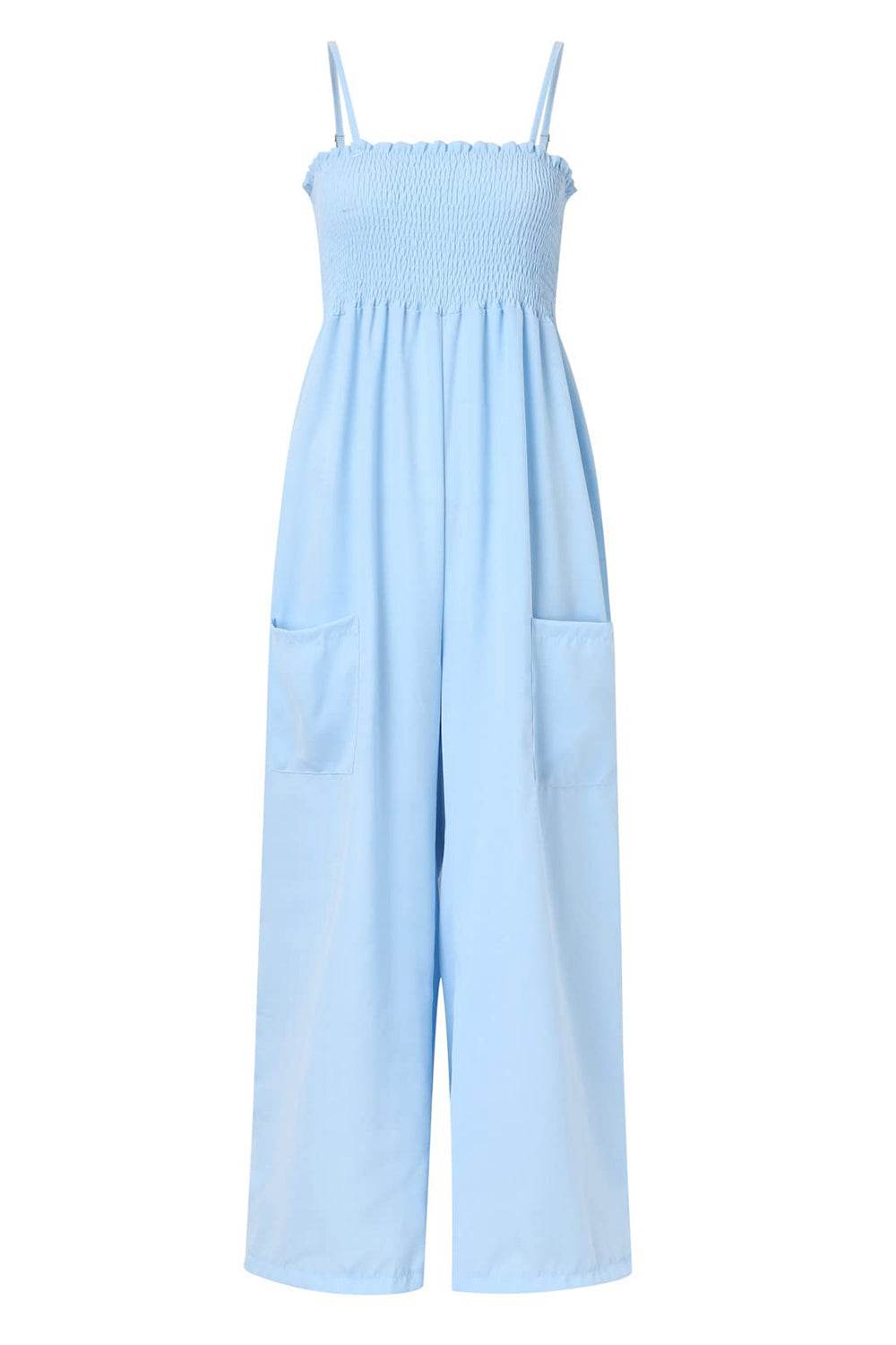 Smocked Spaghetti Strap Wide Leg Jumpsuit - Hovatok