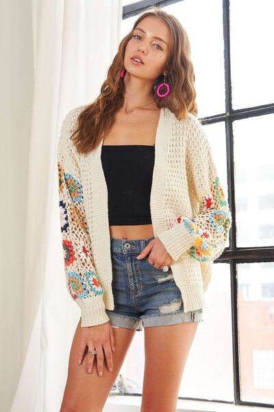 ADORA Full Size Contrast Crochet Open Front Long Sleeve Cardigan - Hovatok