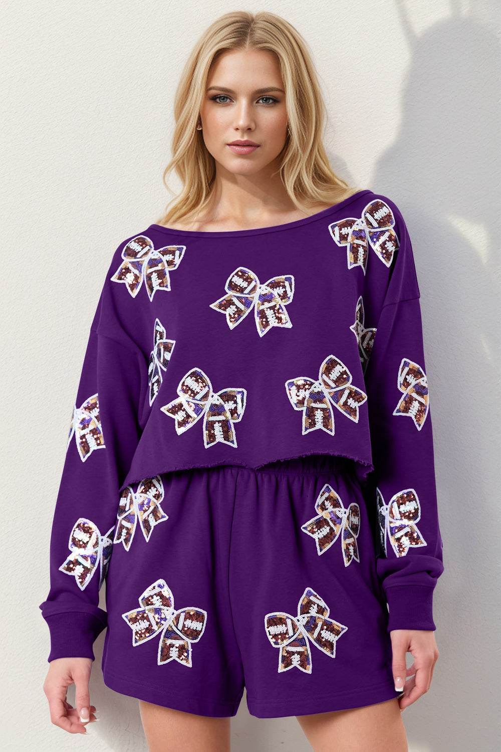 Double Take Sequin Bow Cropped Top and Shorts Set - Hovatok