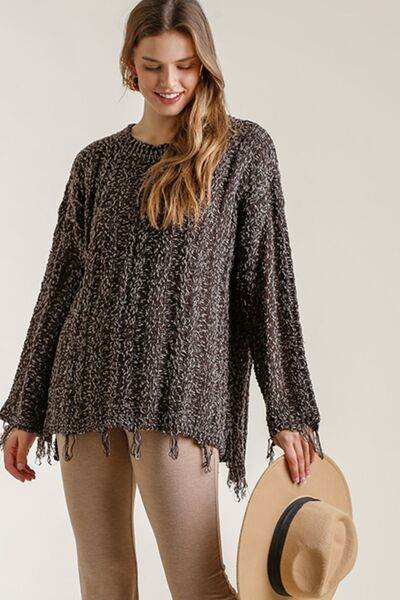 Umgee Full Size Frayed Hem Cable Knit Round Neck Sweater Plus Size - Hovatok
