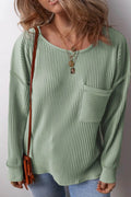 Plus Size Pocketed Ribbed Round Neck Long Sleeve Top - Hovatok