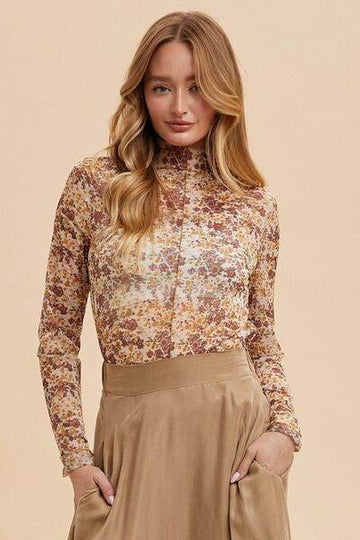 Annie Wear Floral Lettuce Hem Sheer Mesh Top - Hovatok