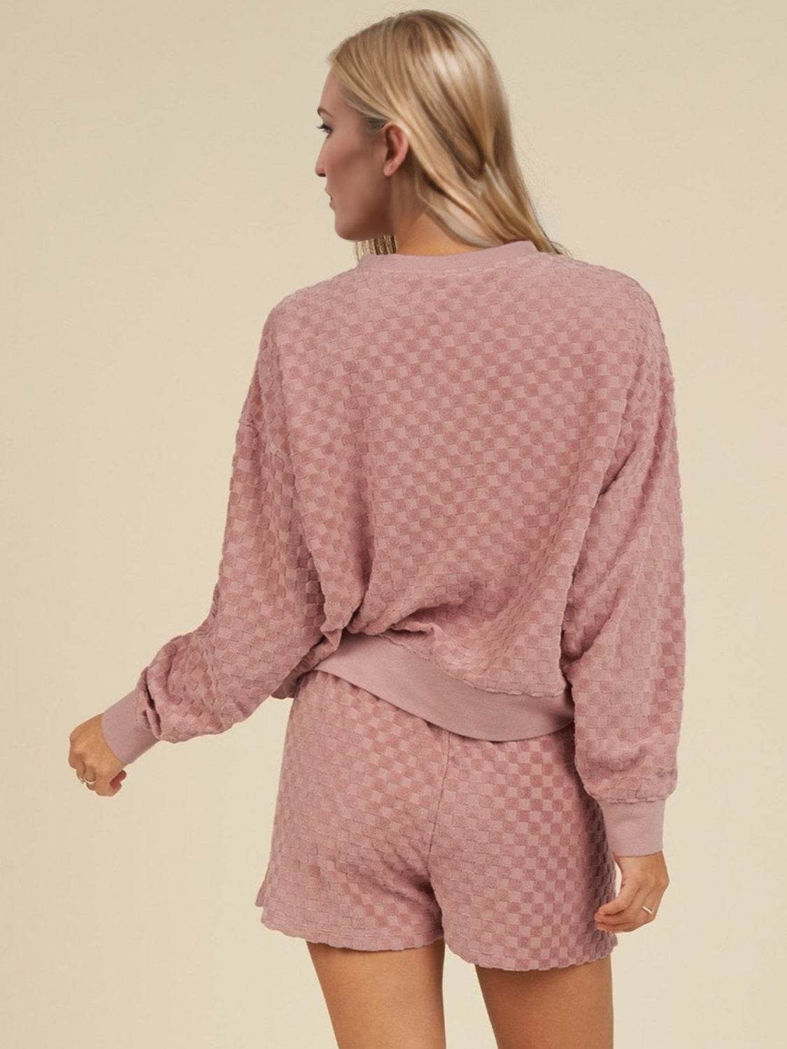 Oh Checkered Round Neck Long Sleeve Top and Shorts Set - Hovatok