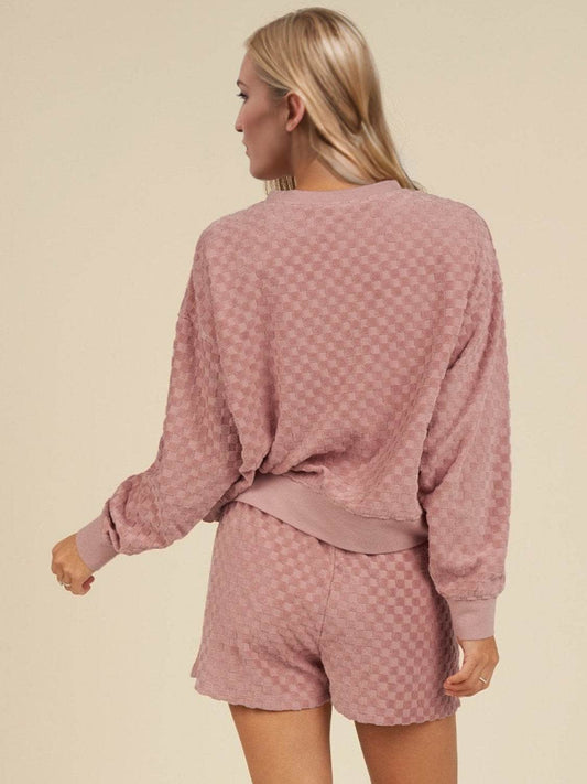 Oh Checkered Round Neck Long Sleeve Top and Shorts Set - Hovatok