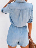 Drawstring Half Button Half Sleeve Denim Romper - Hovatok