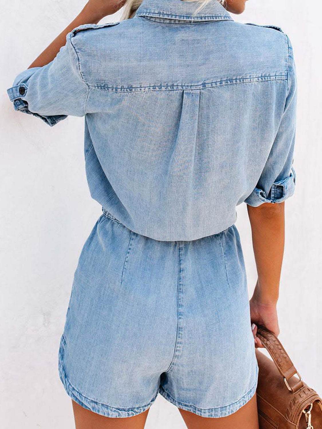 Drawstring Half Button Half Sleeve Denim Romper - Hovatok