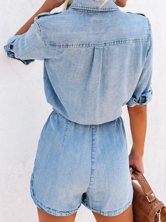 Drawstring Half Button Half Sleeve Denim Romper - Hovatok