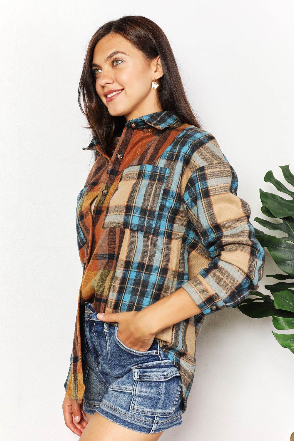 Double Take Plaid Curved Hem Shirt Jacket with Breast Pockets - Hovatok