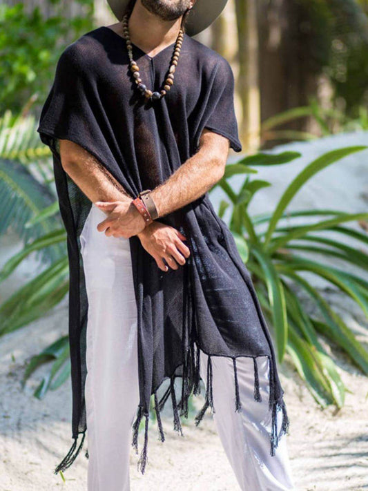 Men's Full Size Fringe V-Neck Half Sleeve Cover Up Plus Size - Hovatok