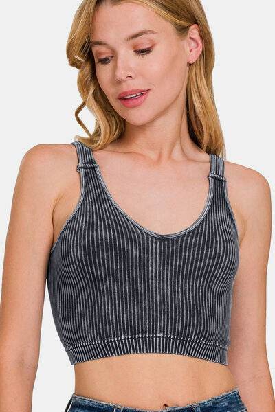 Zenana Washed Ribbed Cropped V-Neck Tank - Hovatok