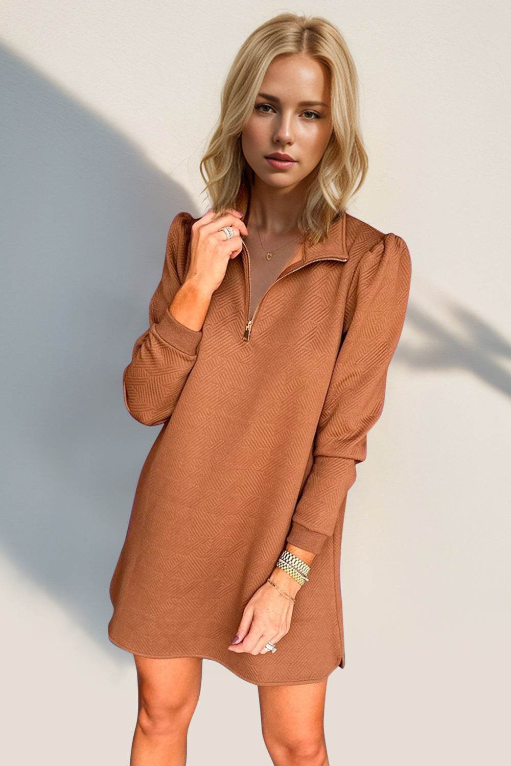 Double Take Textured Quarter Zip Long Sleeve Dress - Hovatok