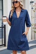 Johnny Collar Half Sleeve Denim Dress - Hovatok