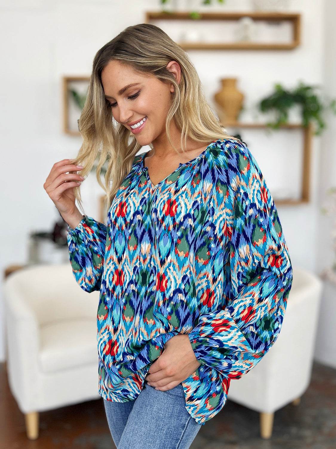 Double Take Full Size Printed Balloon Sleeve Blouse - Hovatok