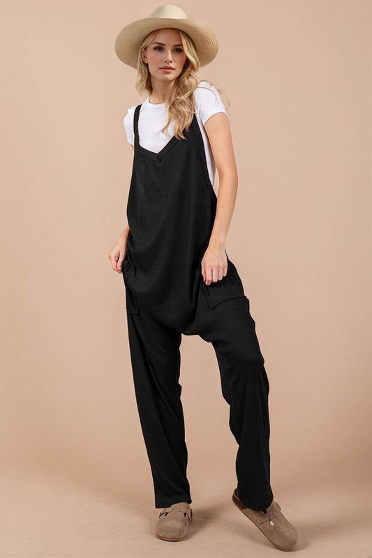 Oh Full Size V-Neck Wide Strap Overalls with Pockets - Hovatok