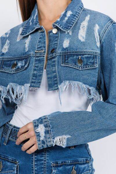American Bazi Distressed Denim Jacket with Frayed Hem - Hovatok