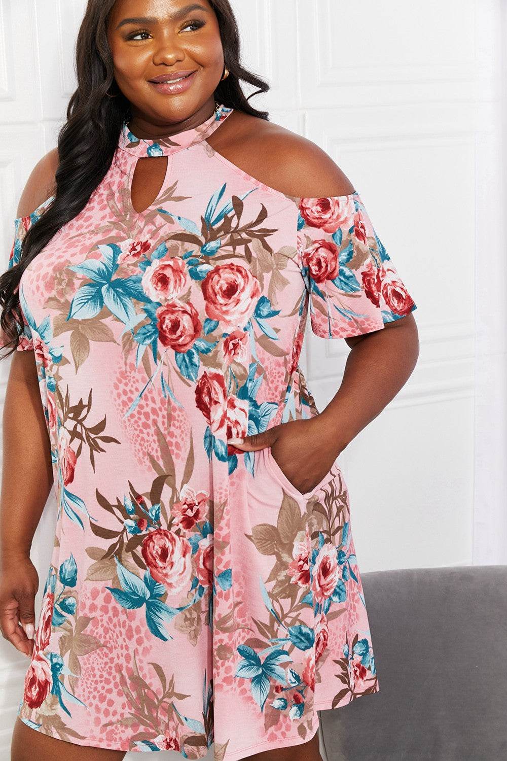 Sew In Love Full Size Fresh-Cut Flowers Cold-Shoulder Dress - Hovatok