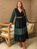 Plus Size Lace Patchwork V-Neck Balloon Sleeve Midi Dress - Hovatok