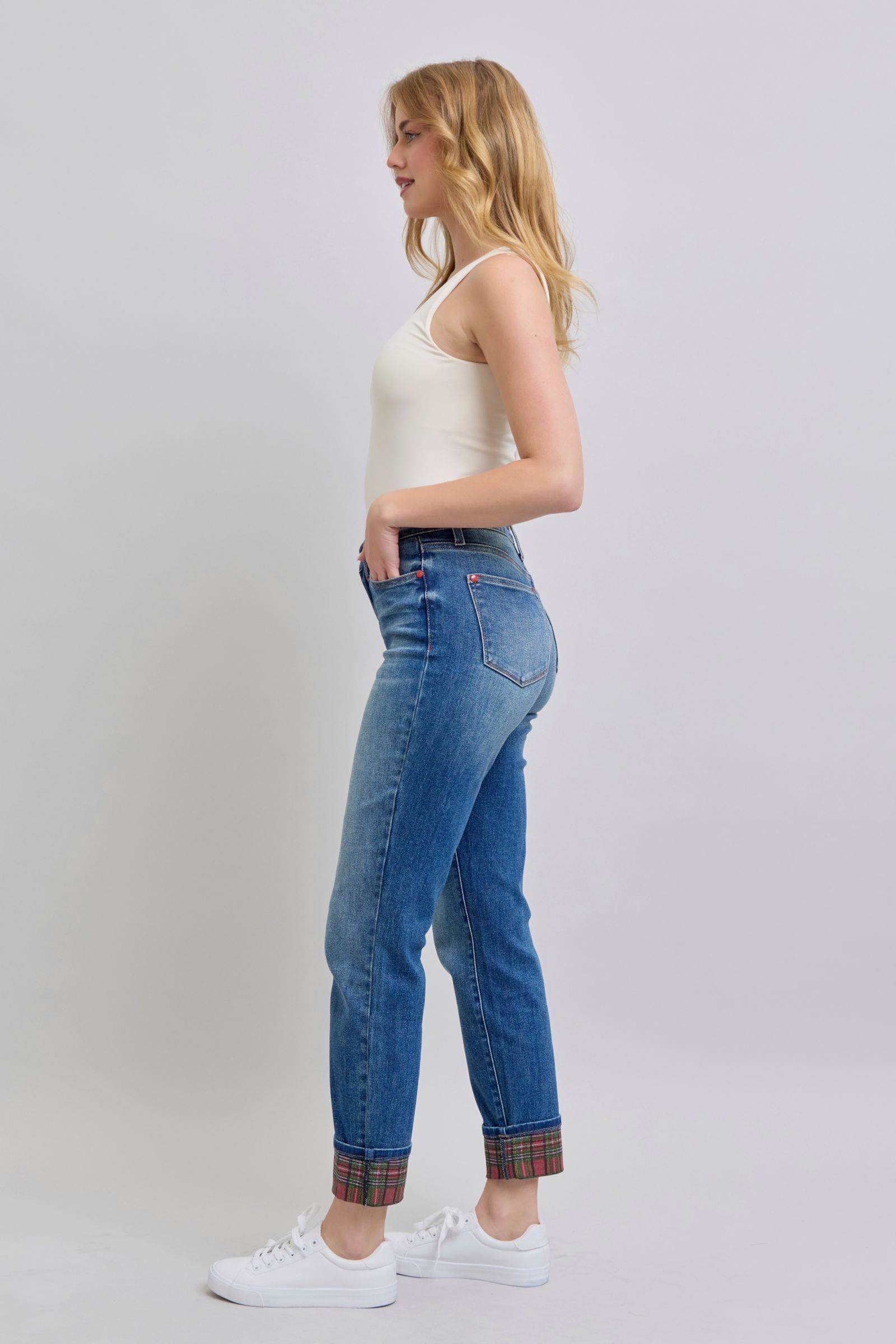 Judy Blue Full Size Plaid Print Cuff Straight Leg Jeans with Pockets - Hovatok