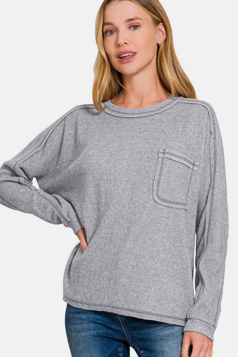 Zenana Full Size Contrast Stitching Brushed Ribbed Hacci Knit Top - Hovatok