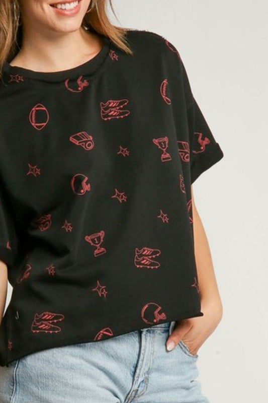 Umgee Full Size Game Day French Terry Graphic Top Plus Size - Hovatok