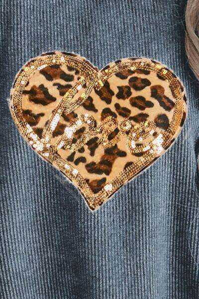 Heart Leopard Sequin Round Neck Sweatshirt - Hovatok