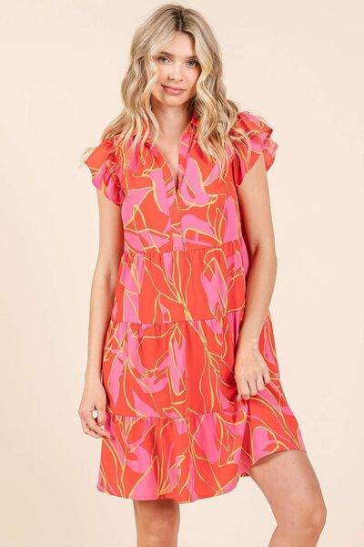 Mittoshop Leaf Print Ruffle Sleeve Tiered Mini Dress - Hovatok