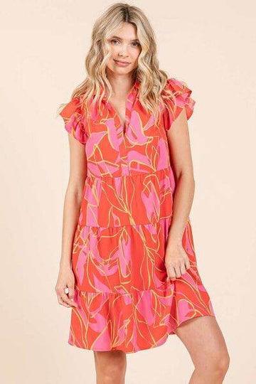 Mittoshop Leaf Print Ruffle Sleeve Tiered Mini Dress - Hovatok