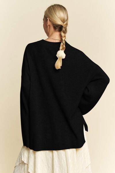 Davi & Dani High-Low Round Neck Drop Shoulder Sweater - Hovatok
