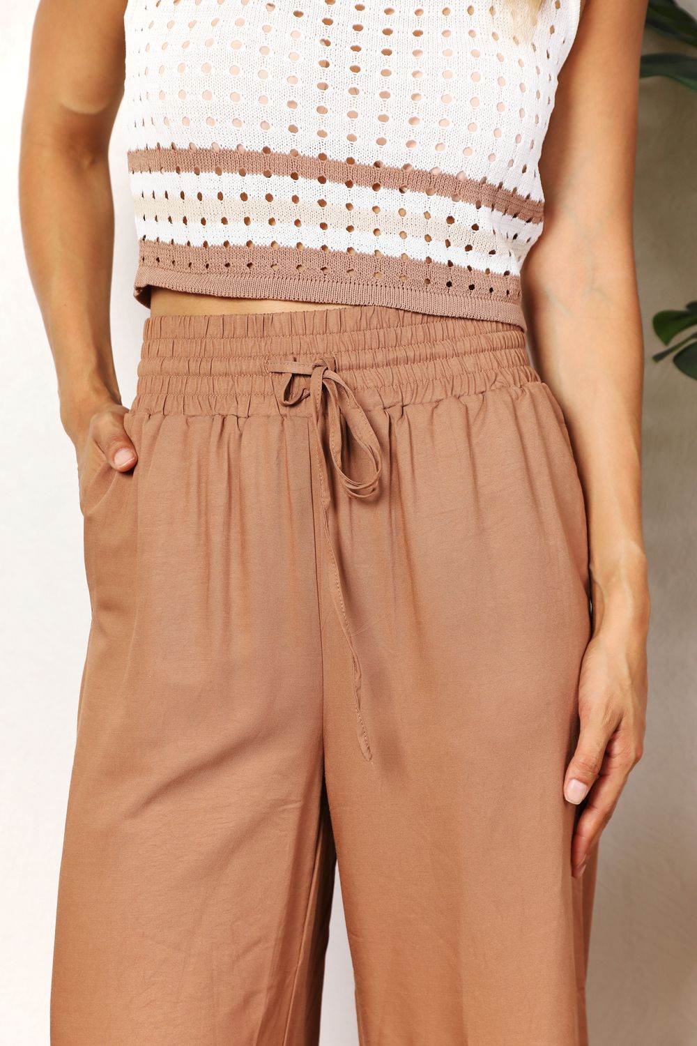Double Take Drawstring Smocked Waist Wide Leg Pants - Hovatok